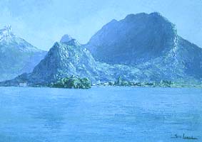 Painting by S. Lansé, showing the view of Duingt from Talloires bay